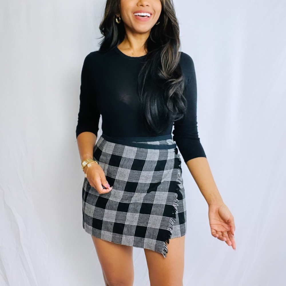 Madewell | Black and white plaid wrap mini skirt
